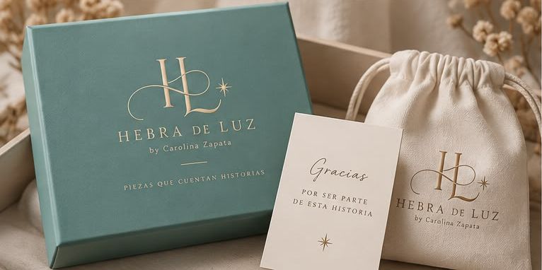 Caja verde agua, bolsa de lino y tarjeta de gracias Hebra de Luz